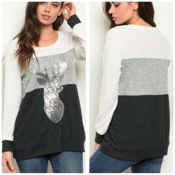 Silver Sequined Holiday Christmas Reindeer Sweater - Picture 2 of 2